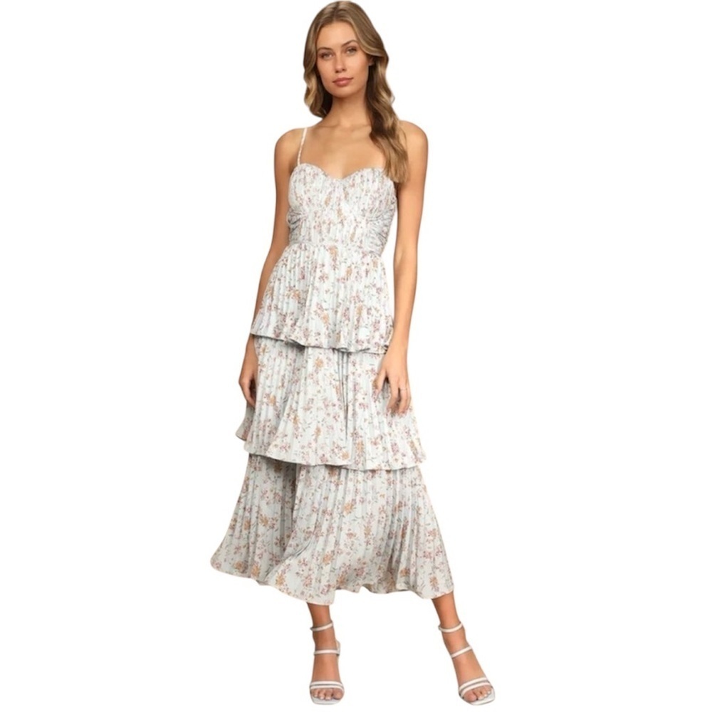 NWT Lulus Cascading Crush Pale Blue Floral Print Tiered Bustier Midi Dress-Small